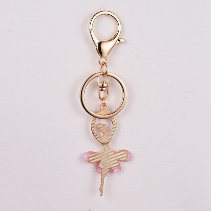 Alloy Resin Keychain, with Rhinestone, Golden Tone Alloy Key Clasps and Iron Key Rings, Ballet Girl