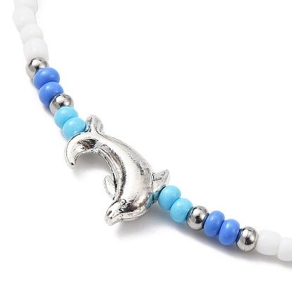 Tibetan Style Alloy Dolphin & Seed Beaded Stretch Anklet for Women
