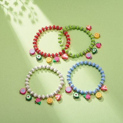 Bracelet extensible en argile polymère et perles en plastique avec breloques fruits pour femme
