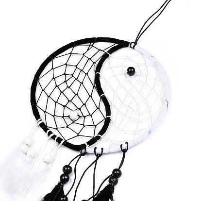 Yin Yang Woven Net/Web with Feather Pendant Decoration, with Wood Beads, for Home Bedroom Car Ornaments Birthday Gift