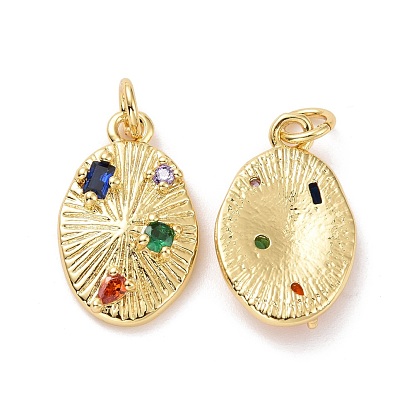 Oval Brass Micro Pave Colorful Cubic Zirconia Pendants, with Jump Rings, Cadmium Free & Lead Free