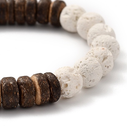 Stretch Bracelets, with Round Natural Lava Rock(Dyed) Beads and Rondelle Natural Coconut Beads