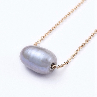 Natural Cultured Freshwater Pearl Pendant Necklaces, with Lobster Claw Clasps, Oval, Golden