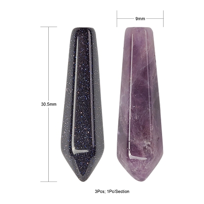 3Pcs 3 Style Gemstone Pointed Beads, Healing Stones, Reiki Energy Balancing Meditation Therapy Wand, Including Natural Amethyst & Rose Quartz and Synthetic Blue Goldstone, Bullet, Undrilled/No Hole Beads