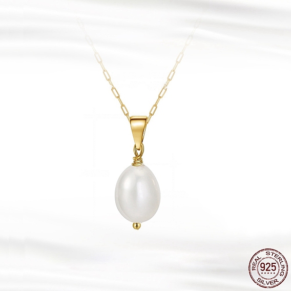 Natural Pearl Pendant Necklace with 925 Sterling Paperclip Chains, with S925 Stamp