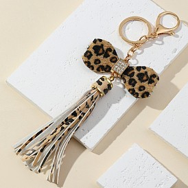 Leopard Print Bow Keychain with Rhinestones and Tassel for Handbag Decoration