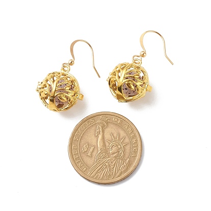 Boucles d'oreilles pendantes diffuseur d'huile essentielle de pierre de lave naturelle, Boucles d'oreilles rondes en laiton plaqué or avec cage d'arbre pour femme