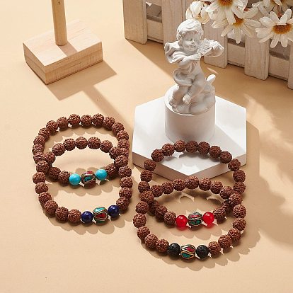 4Pcs 4 Style Natural Rudraksha Mala Bead Bracelets Set, Natural Mixed Gemstone & Indonesia Stackable Stretch Bracelets for Women