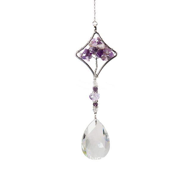 K9 grandes décorations pendantes en verre de cristal, capteurs de soleil suspendus, avec des perles de puces améthyste, losanges avec arbre de vie