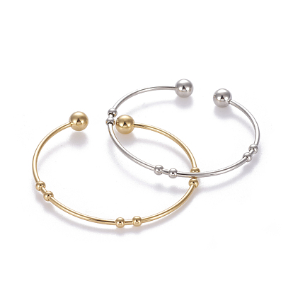 201 Stainless Steel Cuff Bangles, Torque Bangles, with Round Beads
