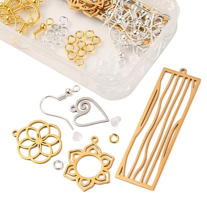 DIY Filigree Earring Making Kit, Including Flower & Rectangle & Heart 201 Stainless Steel Pendants, Brass Earring Hooks & Jump Ring, Plastic Ear Nuts