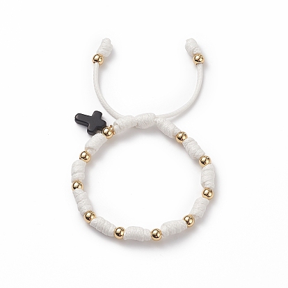 Bracelet à breloques croix turquoise synthétique (teint), Bracelet porte-bonheur noeud en polyester ciré avec perles en laiton pour homme femme