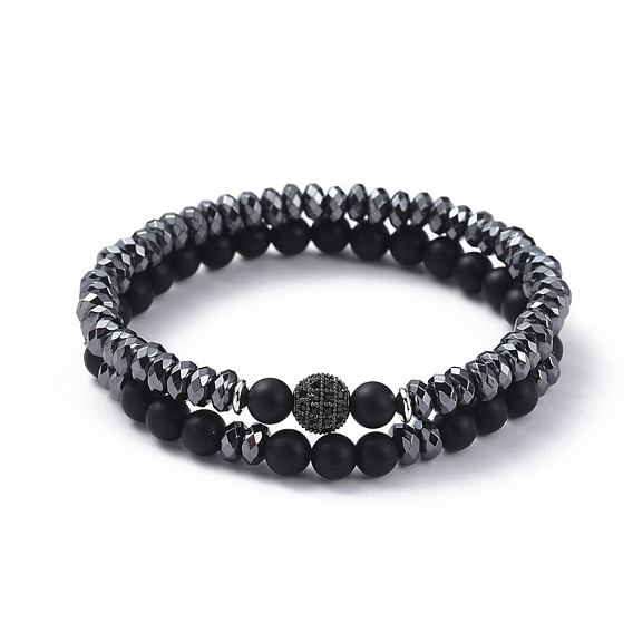 Stretch Bracelet Sets, with Non-magnetic Synthetic Hematite Bead & Brass Cubic Zirconia Beaded Bracelets and Natural Black Agate(Dyed) Beaded Bracelets