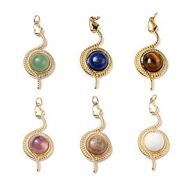 Natural Gemstone Pendants, with Ion Plating(IP) Golden Tone 304 Stainless Steel Findings, Snake with Half Round Charm