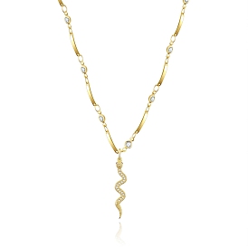 SHEGRACE Snake Brass Micro Pave Cubic Zirconia Pendant Necklaces, with Brass Handmade Beaded Chains and 304 Stainless Steel Lobster Claw Clasps