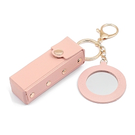 PU Leather Lipstick Storage Bags, Portable Lip Balm Organizer Holder for Women Ladies, with Light Gold Tone Alloy Keychain and Mirror