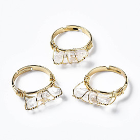 Adjustable Natural Quartz Crystal Finger Rings, with Light Gold Brass Findings