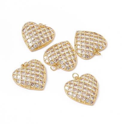 Rack Plating Brass Micro Pave Clear Cubic Zirconia Pendants, with Jump Ring, Cadmium Free & Nickel Free & Lead Free, Heart