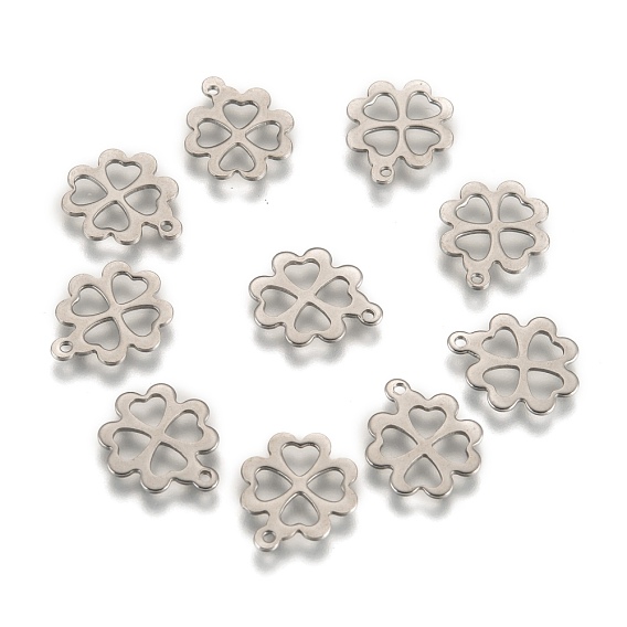 304 Stainless Steel Four Leaf Clover Charms Pendants, 15x13x1mm, Hole: 1mm