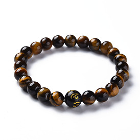 Натуральный тигровый глаз mala bead bracelets, со стеклянными бусинами, круглые с Ом Мани Падме Хум, Буддийские украшения, стрейч браслеты