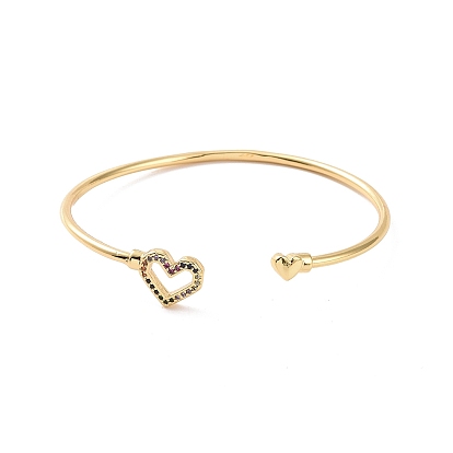Bracelet manchette ouvert coeur zircon cubique coloré, bracelet torque en laiton pour femme, sans cadmium et sans nickel et sans plomb