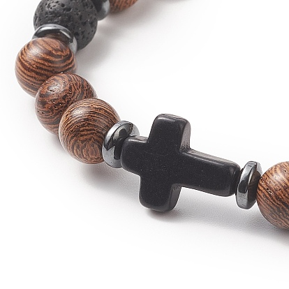 Gemstone & Natural Rosewood Beaded Stretch Bracelet for Men Women, Cross Bracelet