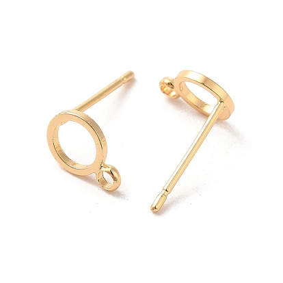 Brass Stud Earring Findings, with Loop, Raw(Unplated) Silver Pins and Plastic Protector, Real 18K Gold Plated, Ring