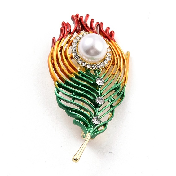 Broche de aleación de plumas con perla de resina, exquisito pin de solapa de diamantes de imitación para niña mujer, dorado