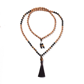 Wood & Tiger Eye Beads Wrap Necklaces, Polyester Tassel Pendant Necklaces for Women