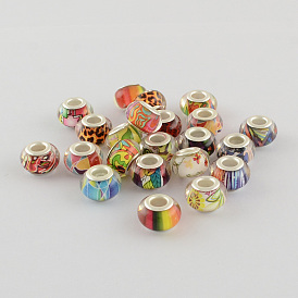 Large Hole Resin European Beads, with Silver Color Plated Brass Double Cores, Rondelle, 14x9mm, Hole: 5mm