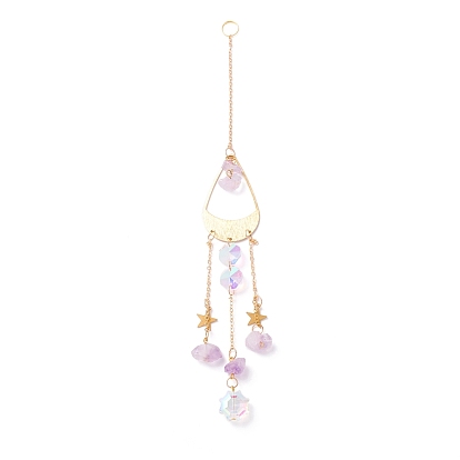 Hanging Crystal Aurora Wind Chimes, with Prismatic Pendant, Teardrop-shaped Iron Link and Natural Amethyst, for Home Window Lighting Decoration