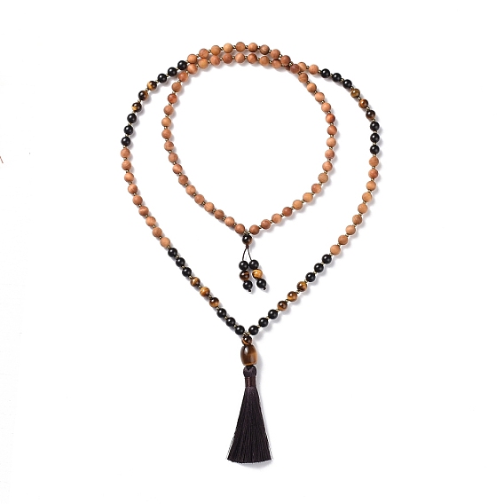 Colliers enveloppants en perles de bois et d'oeil de tigre, colliers pendentifs pompons en polyester pour femmes