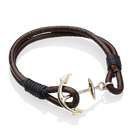 Alloy Bracelets, Cowhide Leather Cord with Waxed Cotton Cord, Anchor & Helm, 190mm