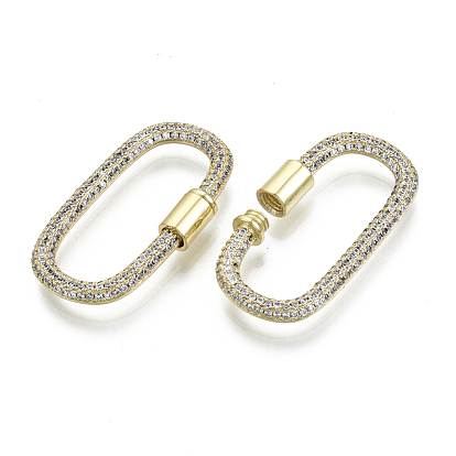 Brass Micro Pave Cubic Zirconia Screw Carabiner Lock Charms, for Necklaces Making, Oval, Nickel Free, Real 16K Gold Plated