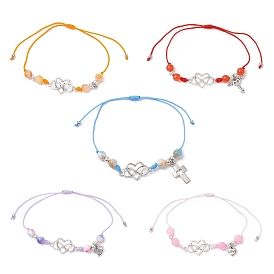 Bracelets de perles tressées en jade blanc teint naturel, bracelets à maillons en alliage de coeur réglables pour femmes