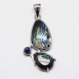 Pendentifs coquille d'ormeau / coquille de paua, avec lapis lazuli perles et les réglages de suspensions en laiton, goutte , de couleur métal platine , colorées, 43.5x21x4.5mm, Trou: 7x4mm