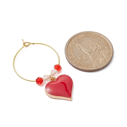 Valentine's Day Alloy Enamel Wine Glass Charms, with Stainless Steel Hoop Earring Findings and Glass Seed Bead, Heart/Key/Gift Box