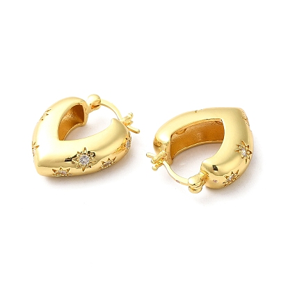 Clear Cubic Zirconia Heart with Star Hoop Earrings, Brass Jewelry for Women