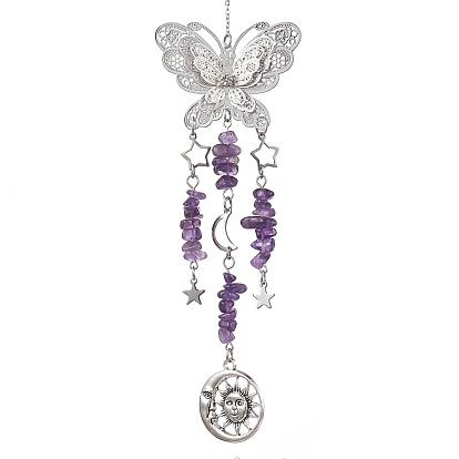 Natural Amethyst Pendant Decorations, with Tibetan Style Alloy Pendants, Butterfly