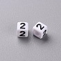 Opaque White Acrylic Beads, Cube with Black Number & Heart