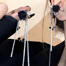 Rose Crystal Diamond Chain Tassel Clip-on Earrings - Fashionable and Sophisticated.