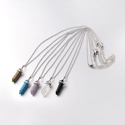 Brass Gemstone Bullet Pendant Necklaces, with 316 Surgical Stainless Steel Cable Chains and Brass Lobster Claw Clasps, 18.1 inch