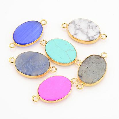 Gemstone Links Connectors, Oval, with Golden Tone Brass Findings, 29x16x4mm, Hole: 1.5mm