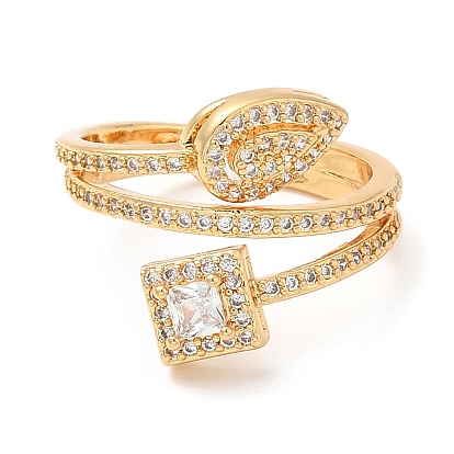 Rack Plating Brass Teardrop & Square Cuff Rings, Clear Cubic Zirconia Open Ring for Women, Lead Free & Cadmium Free