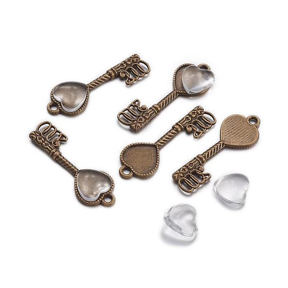Ensembles de pendentif de cabochon en alliage, avec cabochons de verre de coeur, clé squelette, sans cadmium et sans nickel et sans plomb