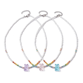 3 colliers de perles acryliques en forme d'ours, avec des perles en verre de graine