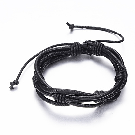 Adjustable Braided Cowhide Leather and Waxed Cord Multi-Strand Bracelets