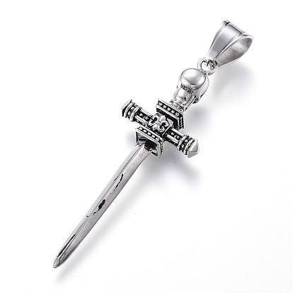 316 Surgical Stainless Steel Big Pendants, Sword with Skull