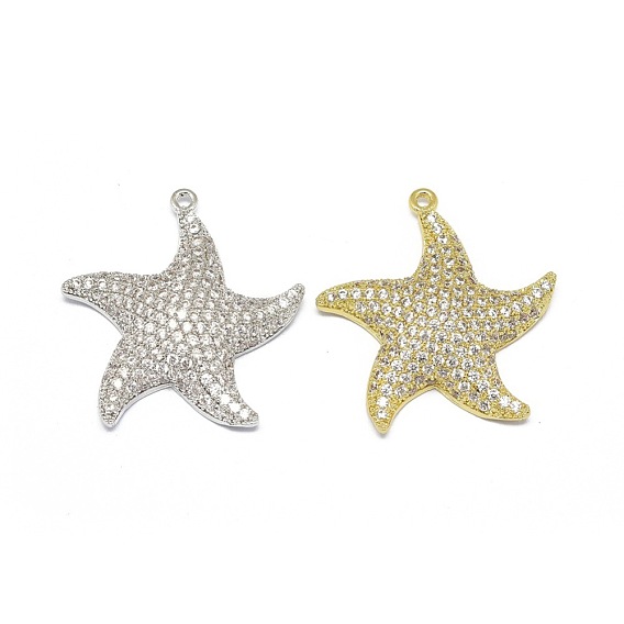 Alloy Micro Pave Cubic Zirconia Pendants, Long-Lasting Plated, Starfish/Sea Stars
