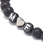 2Pcs 2 Style Natural Lava Rock & Howlite Stretch Bracelets Set, Heart & Word M and F Acrylic Beaded Couple Bracelets for Best Friends Lovers
